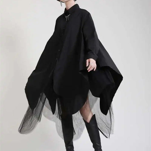 Load image into Gallery viewer, Women Black Irregular Hem Big Size Shirt Dress New Lapel Long Sleeve Loose Fit Fashion Tide Spring Autumn 2025 1DE2485
