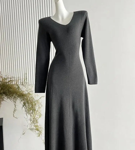 French Women's Autumn Winter Elegant Slim Knitted Sweater Dress Solid V-neck Long Sleeved Office Dress Fashion Simplicity Trendy