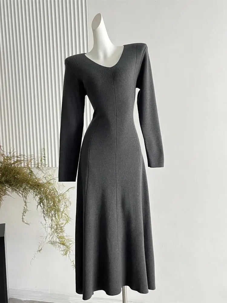 French Women's Autumn Winter Elegant Slim Knitted Sweater Dress Solid V-neck Long Sleeved Office Dress Fashion Simplicity Trendy