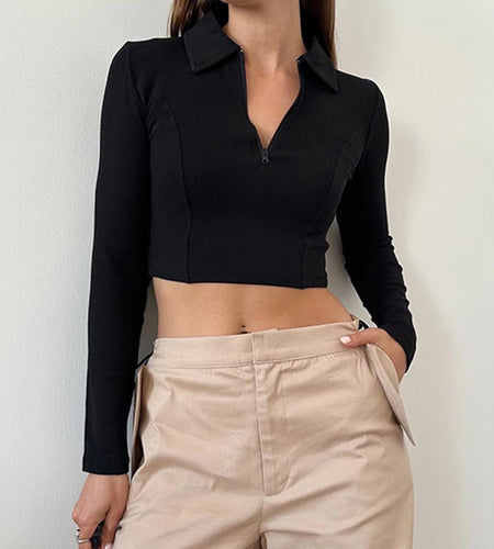 Streetwear Ribbed Knitted Stitch Autumn T-shirts for Women Basic Zipper All-Match Cropped Top Tee Fitness Casual Tops