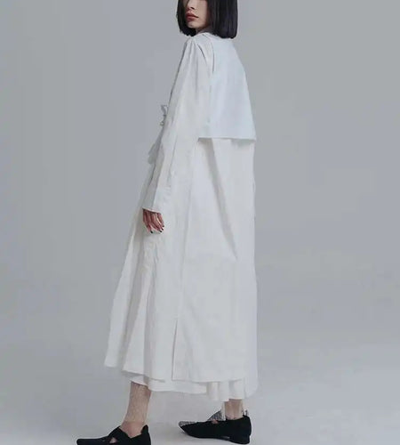 Women White Pleated Irreuglar Big Size Shirt Dress New Lapel Long Sleeve Loose Fit Fashion Tide Spring Autumn 2025 1DE7026