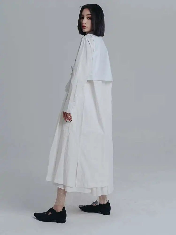 Women White Pleated Irreuglar Big Size Shirt Dress New Lapel Long Sleeve Loose Fit Fashion Tide Spring Autumn 2025 1DE7026