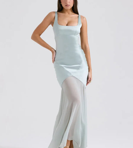 Elegant Women Spring High Chiffon Splicing Dress Slim Backband Wrapped Hip Forged Face Dress Elegant Floor Evening Dress