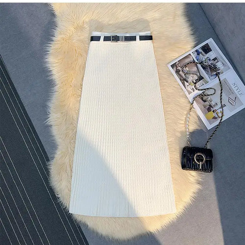 Load image into Gallery viewer, Women's Solid Elegant Office Lady Knitted Long Skirt Retro High Waist Party Wrap Hip Pleated Skirt 2024 Autumn Winter Simplicity
