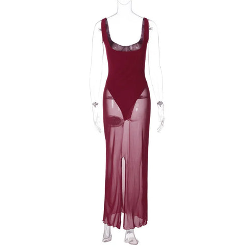 Load image into Gallery viewer, Mesh See Through Sexy Maxi Dress For Women Burgundy Spaghetti Strap Sleeveless Backless Elegant Club Party Long Dress
