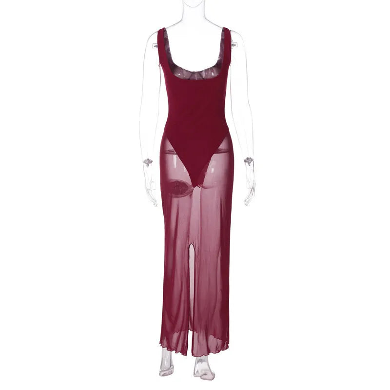 Mesh See Through Sexy Maxi Dress For Women Burgundy Spaghetti Strap Sleeveless Backless Elegant Club Party Long Dress