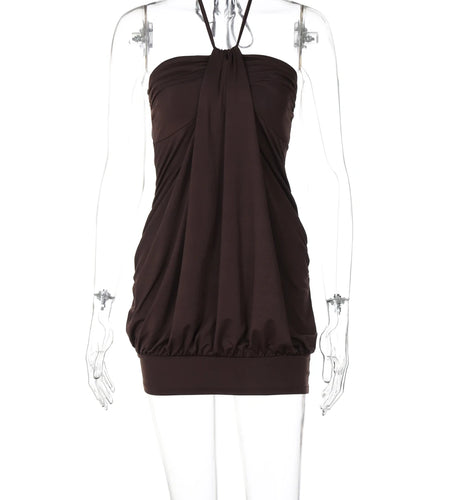 Halter Solid Backless Draped Elegant Sexy Bodycon Slim Mini Dress Women Cute Outfits Birthday Party Vacation Y2K