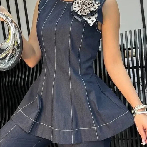 Load image into Gallery viewer, Vintage Denim Blouses for Women Summer Elegant Zipper Sleeveless A-line Shirts and Blouses Women&#39;s Business Casual Tops
