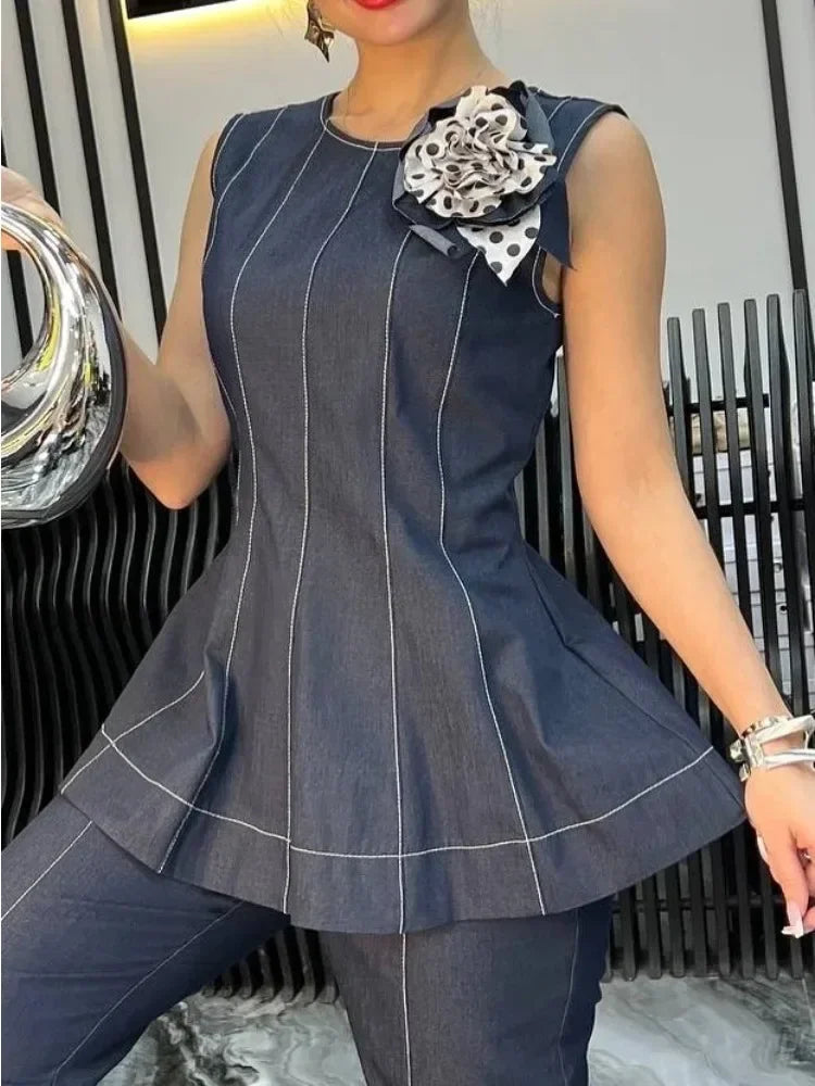 Vintage Denim Blouses for Women Summer Elegant Zipper Sleeveless A-line Shirts and Blouses Women's Business Casual Tops