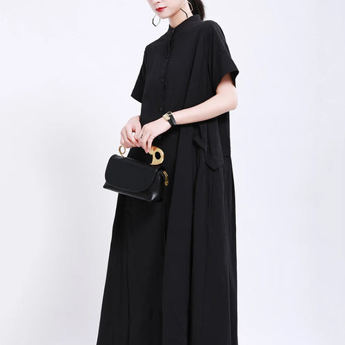 Load image into Gallery viewer, Women Army Green Pleated Elegant Long Shirt Dress New Stand Collar Short Sleeve Fashion Tide Spring Summer 2025 1DE8985
