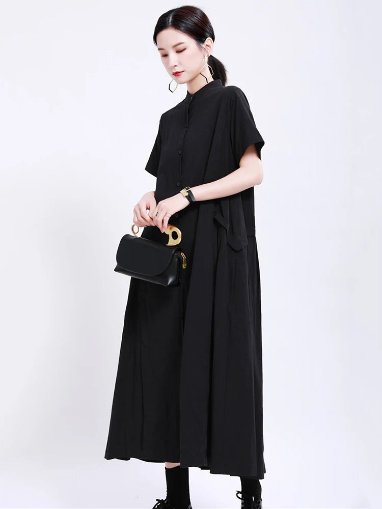 Women Army Green Pleated Elegant Long Shirt Dress New Stand Collar Short Sleeve Fashion Tide Spring Summer 2025 1DE8985