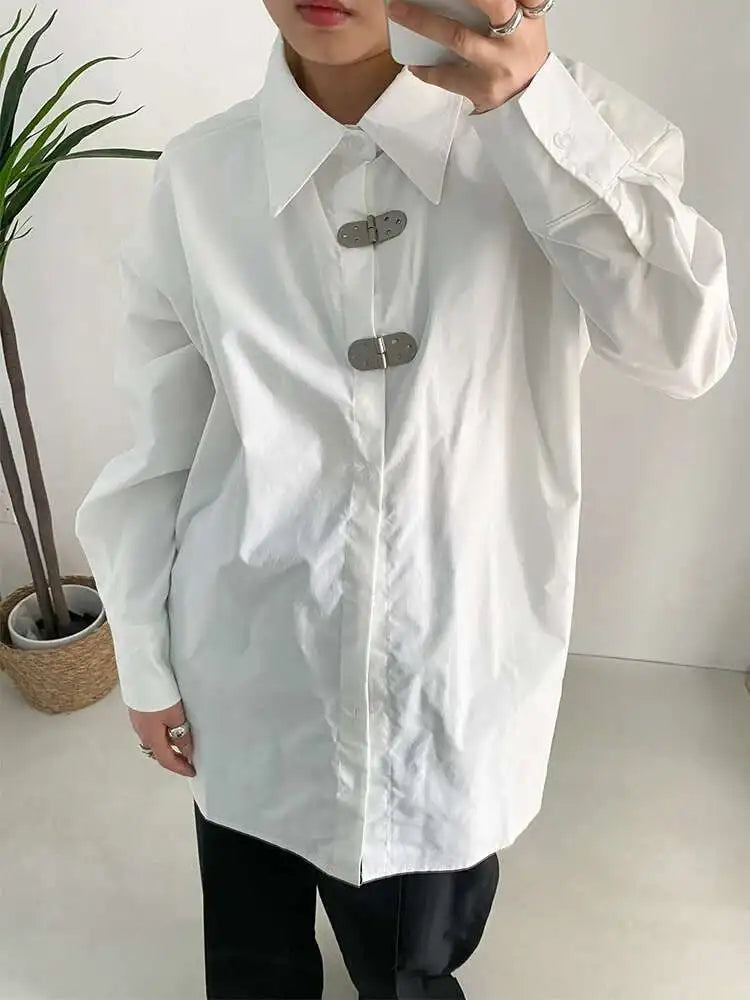 Women White Shaped Big Size Casual Blouse New Lapel Long Sleeve Loose Fit Shirt Fashion Tide Spring Autumn 2025 1DF1136