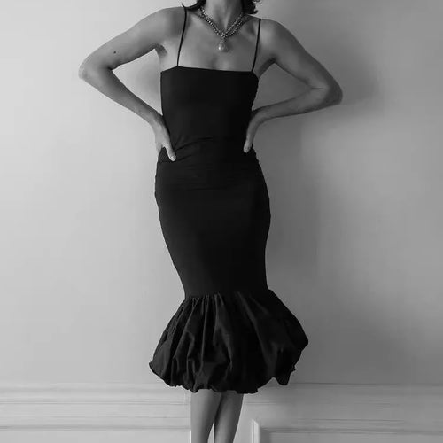 Load image into Gallery viewer, Spaghetti Strap Knit Fishtail Dress For Women Gown Black Sleeveless Backless Bodycon High Waist Sexy Long Dress Elegant
