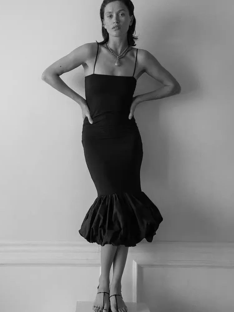 Spaghetti Strap Knit Fishtail Dress For Women Gown Black Sleeveless Backless Bodycon High Waist Sexy Long Dress Elegant