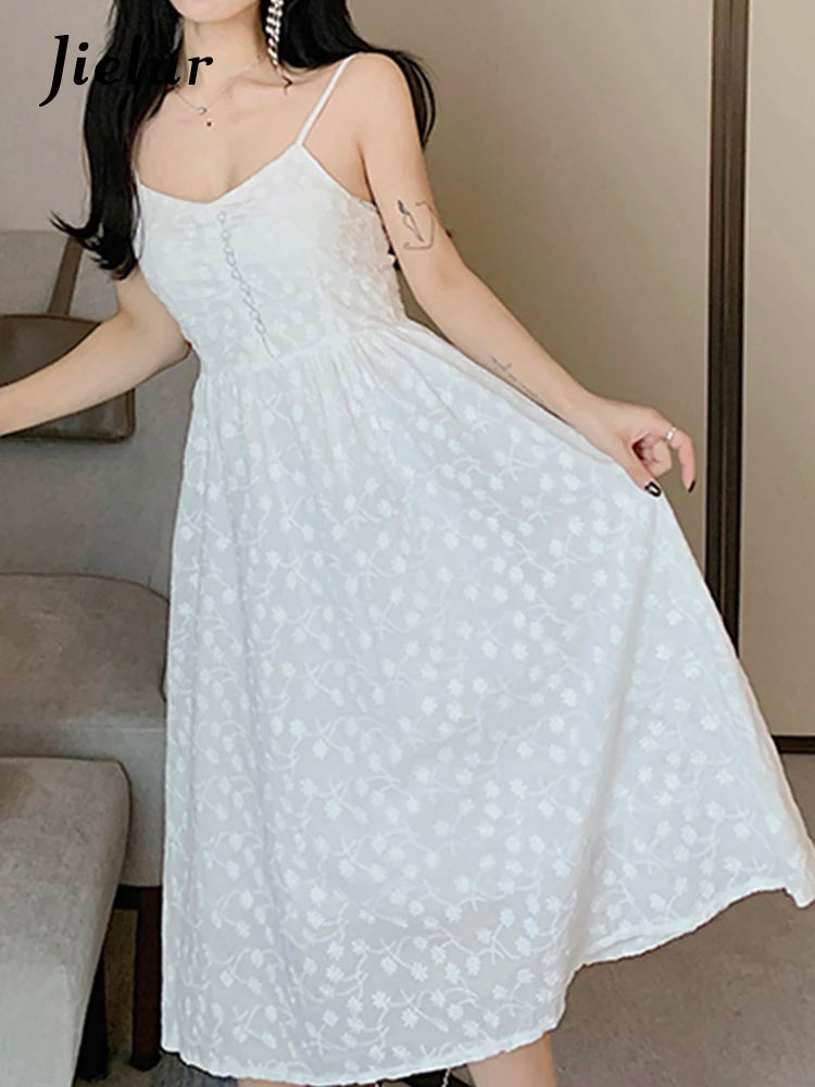 White Spaghetti Strap Elegant Women's Dresses Solid Color Printed Sleeveless Chic Dress Korean Style Female Evening Dress