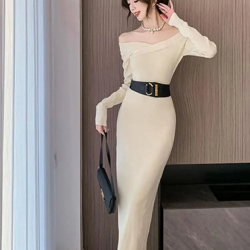 Load image into Gallery viewer, Beige Knit Sweater Dress Women Autumn Winter Black V-neck Slim Long Dresses Female Red High Waist Elegant Evening Party Dress

