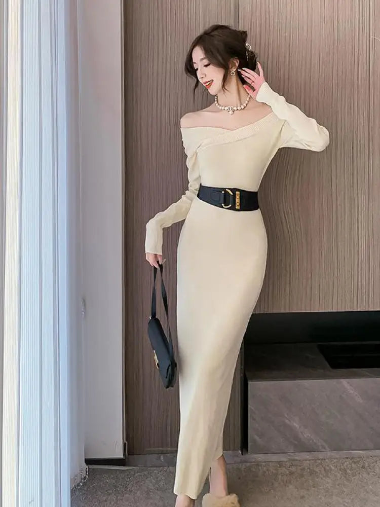 Beige Knit Sweater Dress Women Autumn Winter Black V-neck Slim Long Dresses Female Red High Waist Elegant Evening Party Dress