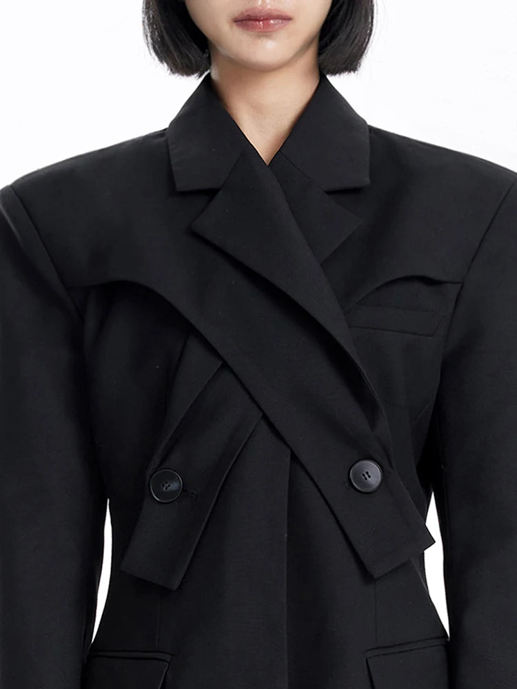 Women Black Button Corss Design Elegant Slim Blazer New Lapel Long Sleeve Jacket Fashion Tide Spring Autumn 2025 7AB1277