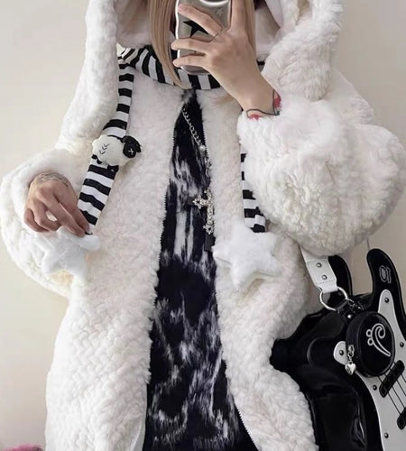 Lamb Wool Loose Kawaii Cute Jacket Streetwear Oversized Rabbit's Ears Hooded Coats Y2k Aesthetic Grunge Zipper Women Jackets