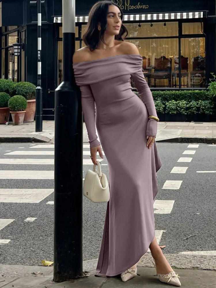 Elegant Off Shoulder Bodycon Long Sleeve High Split Party Evening Dress Women 2025 Spring New Slim Irregular Vestido