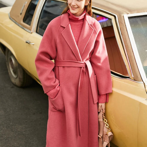 Minimalist Wool Coat For Women 2024 Winter Blazer Collar With Belt Vintage Korean Fashion Long Blends Jacket 12324006