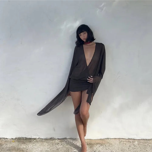 Load image into Gallery viewer, Mesh See Through Sexy Mini Dress For Women Black Sheer Mesh Deep V Neck Long Sleeve Backless Draped Ruched Dress
