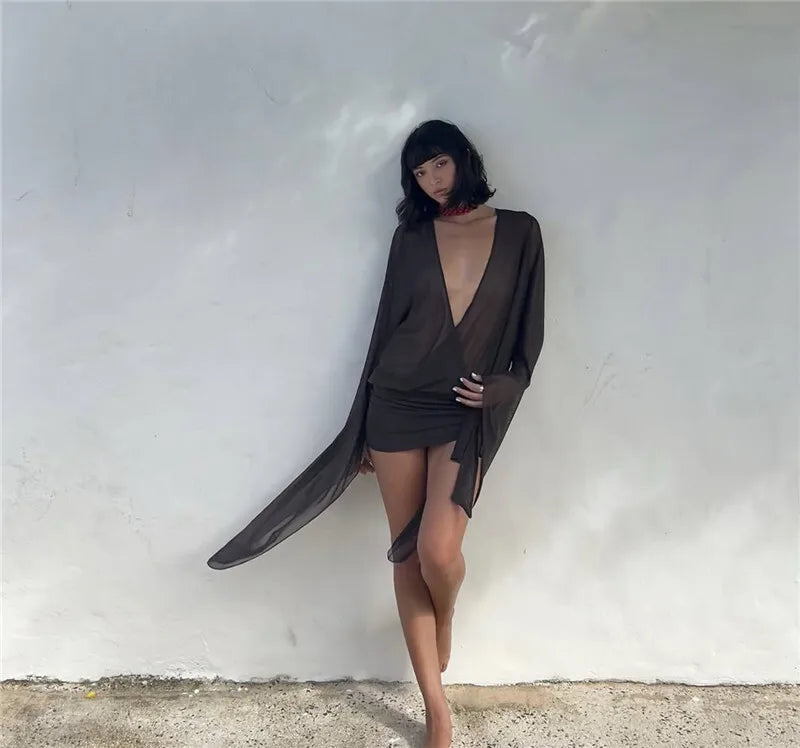 Mesh See Through Sexy Mini Dress For Women Black Sheer Mesh Deep V Neck Long Sleeve Backless Draped Ruched Dress