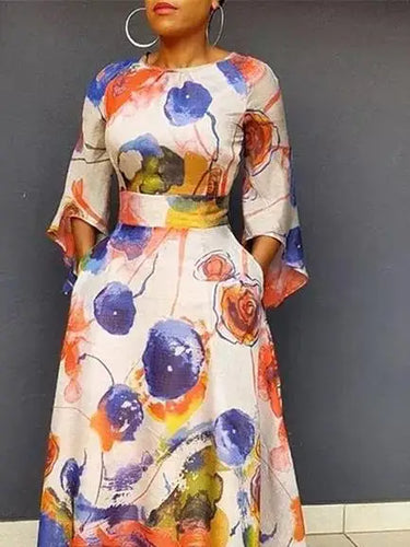 Summer Contrast Color Maxi Dresses for Women Three-quarter Sleeves Zipper with Pockets High Waisted Birthday Dress