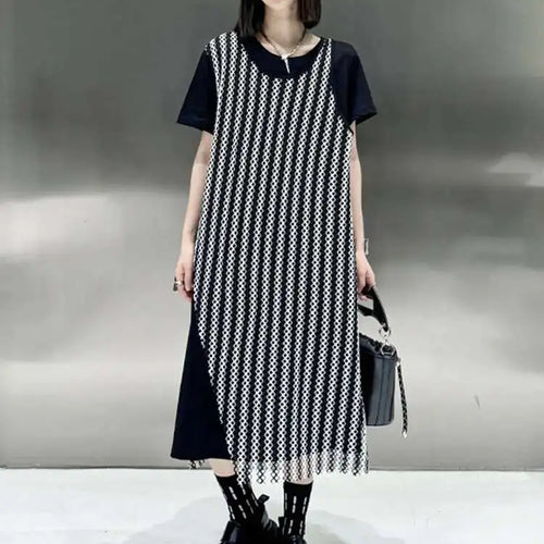 Load image into Gallery viewer, Women Black Irregular Mesh Big Size Casual Midi Dress New Round Neck Short Sleeve Fashion Tide Spring Summer 2025 1DH5415
