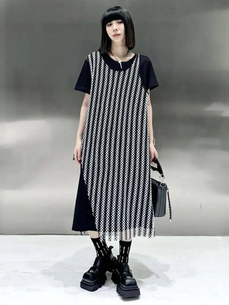 Women Black Irregular Mesh Big Size Casual Midi Dress New Round Neck Short Sleeve Fashion Tide Spring Summer 2025 1DH5415