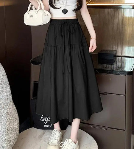 Korean Black High Waist Vacation Slim Pleated Long Skirt Spring Summe Women Khaki Elegant Lace-up Party Skirt Fashion Simplicity