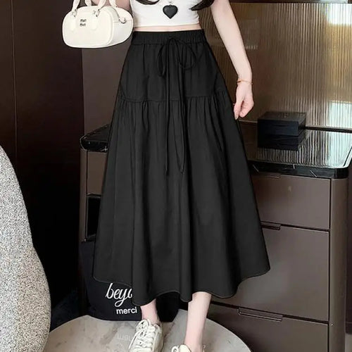 Load image into Gallery viewer, Korean Black High Waist Vacation Slim Pleated Long Skirt Spring Summe Women Khaki Elegant Lace-up Party Skirt Fashion Simplicity
