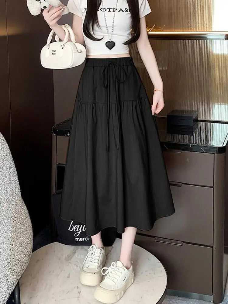 Korean Black High Waist Vacation Slim Pleated Long Skirt Spring Summe Women Khaki Elegant Lace-up Party Skirt Fashion Simplicity