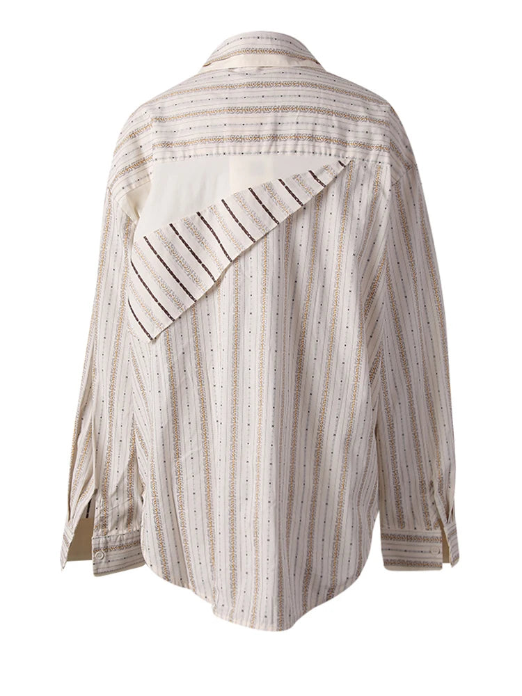 Women  Apricot Striped Irregular Big Size Blouse New Lapel Long Sleeve Shirt Fashion Tide Spring Autumn 2025 CPG3305