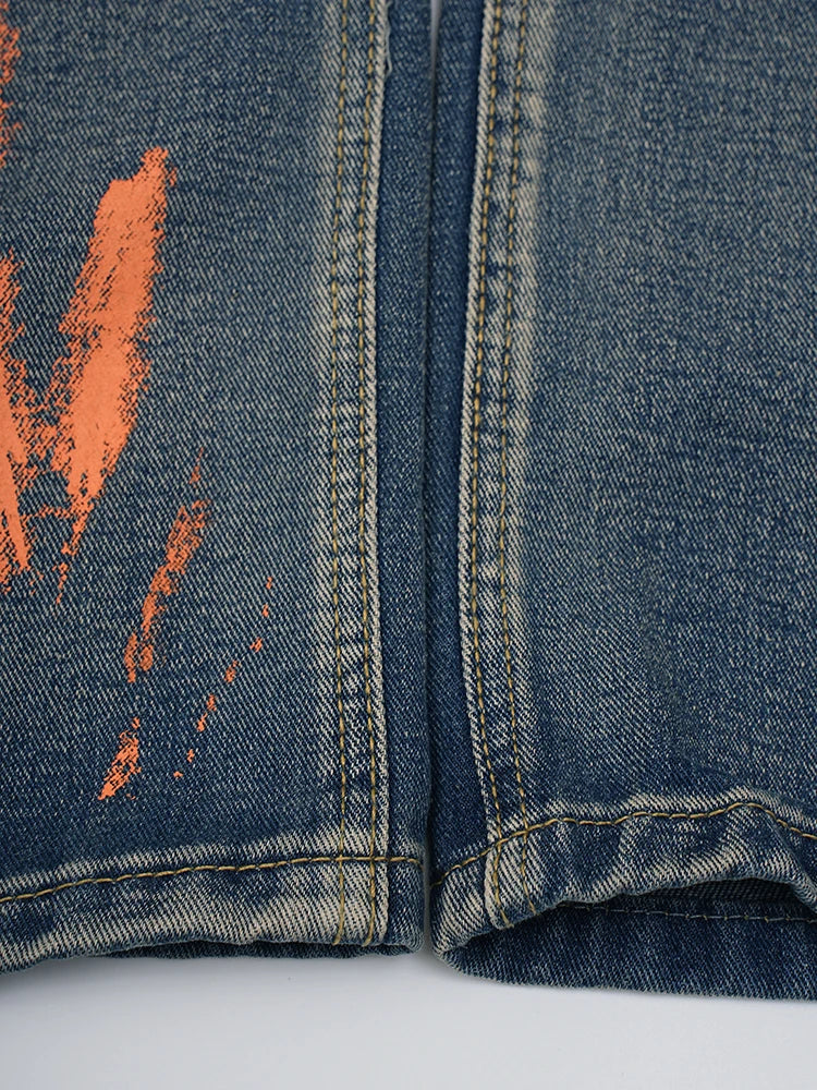 High Waist Blue Denim Painted Long Casual Wide Leg Jeans New Women Trousers Fashion Tide Spring Autumn 2025 CPG2279