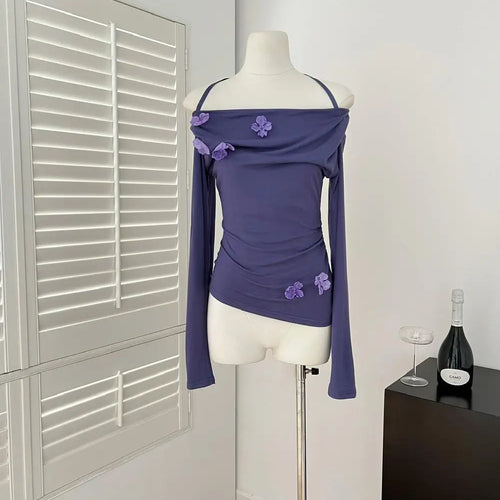 Load image into Gallery viewer, French Women Beige Flower Decorate Slim Pleated Short Tops Spring Autumn Purple Elegant Long Sleeve Off Shoulder Halter T Shirt
