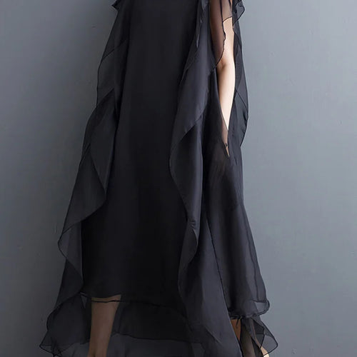 Load image into Gallery viewer, Women Black Ruffles Spliced Big Size Long Dress New Round Neck Short Sleeve Fashion Tide Spring Summer 2025 1DJ0327
