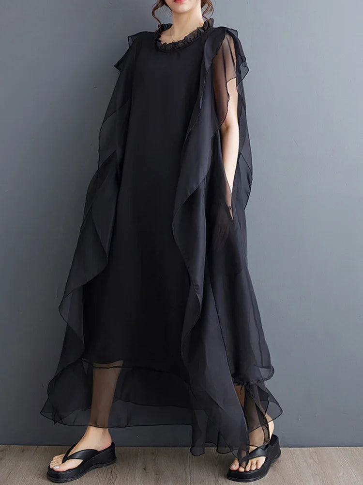 Women Black Ruffles Spliced Big Size Long Dress New Round Neck Short Sleeve Fashion Tide Spring Summer 2025 1DJ0327