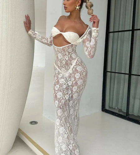 Sexy Lace Hollow Out Long Sleeved Tight Dress For Women Perspective Bodycon Female Vestidos Summer New Party Nightclub