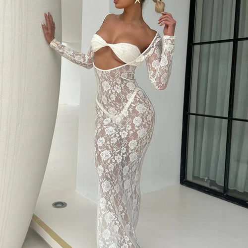 Load image into Gallery viewer, Sexy Lace Hollow Out Long Sleeved Tight Dress For Women Perspective Bodycon Female Vestidos Summer New Party Nightclub
