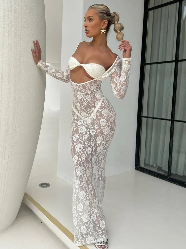 Sexy Lace Hollow Out Long Sleeved Tight Dress For Women Perspective Bodycon Female Vestidos Summer New Party Nightclub