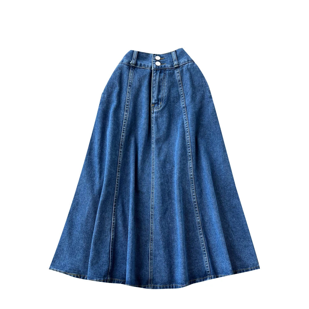Summer Women Retro High Waist Blue Denim Skirts A Line Casual High Elastic Waist Streetwear Midi Pleated Button Jeans Skirt Chic