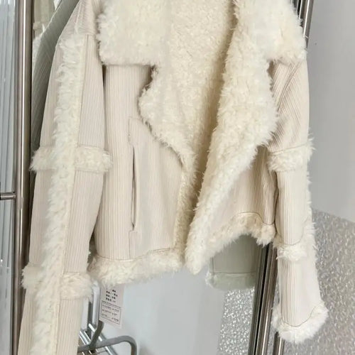 Load image into Gallery viewer, Korean Women Beige Spliced Lamb Wool Short Jacket Winter Elegant Long Sleeve Loose Lapel Warm Cardigan Coat New Lady Thick Trend
