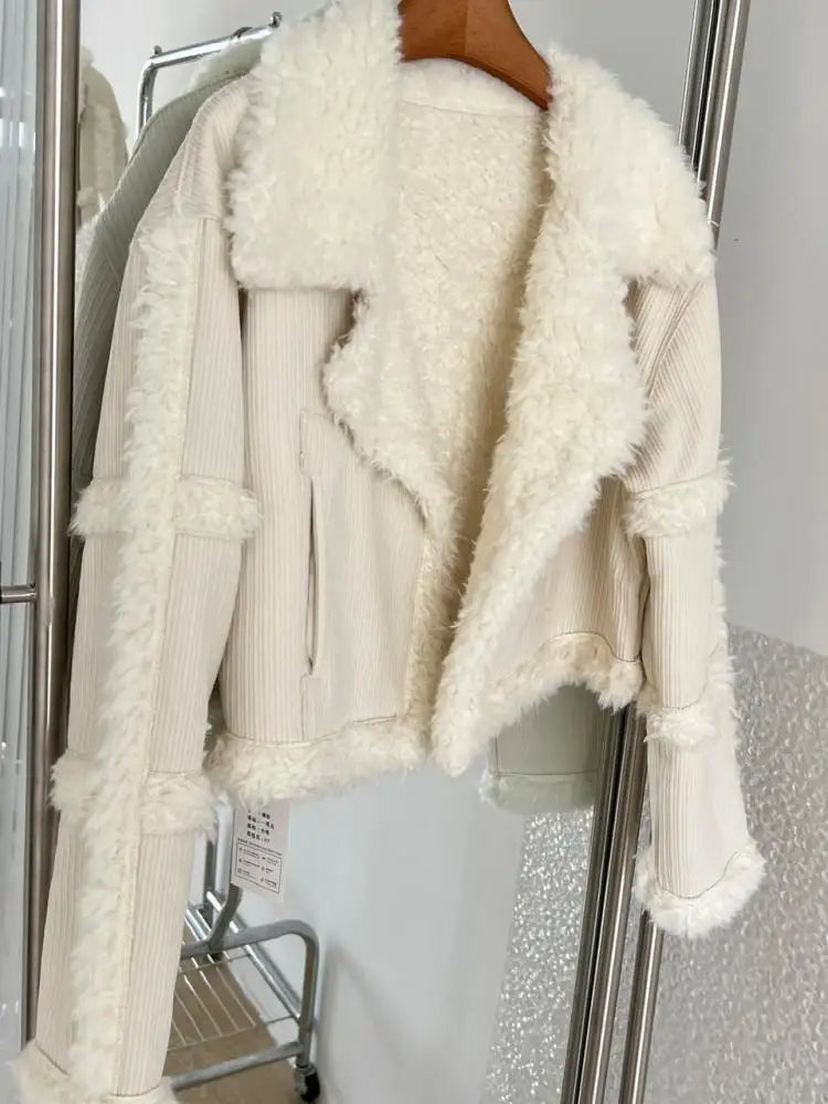 Korean Women Beige Spliced Lamb Wool Short Jacket Winter Elegant Long Sleeve Loose Lapel Warm Cardigan Coat New Lady Thick Trend