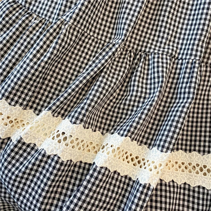 French Sweet Black Plaid Patchwork Lace Hollow Out High Waist Long Skirt 2025 Spring Summer New Women Holiday Pleated Skirt Slim