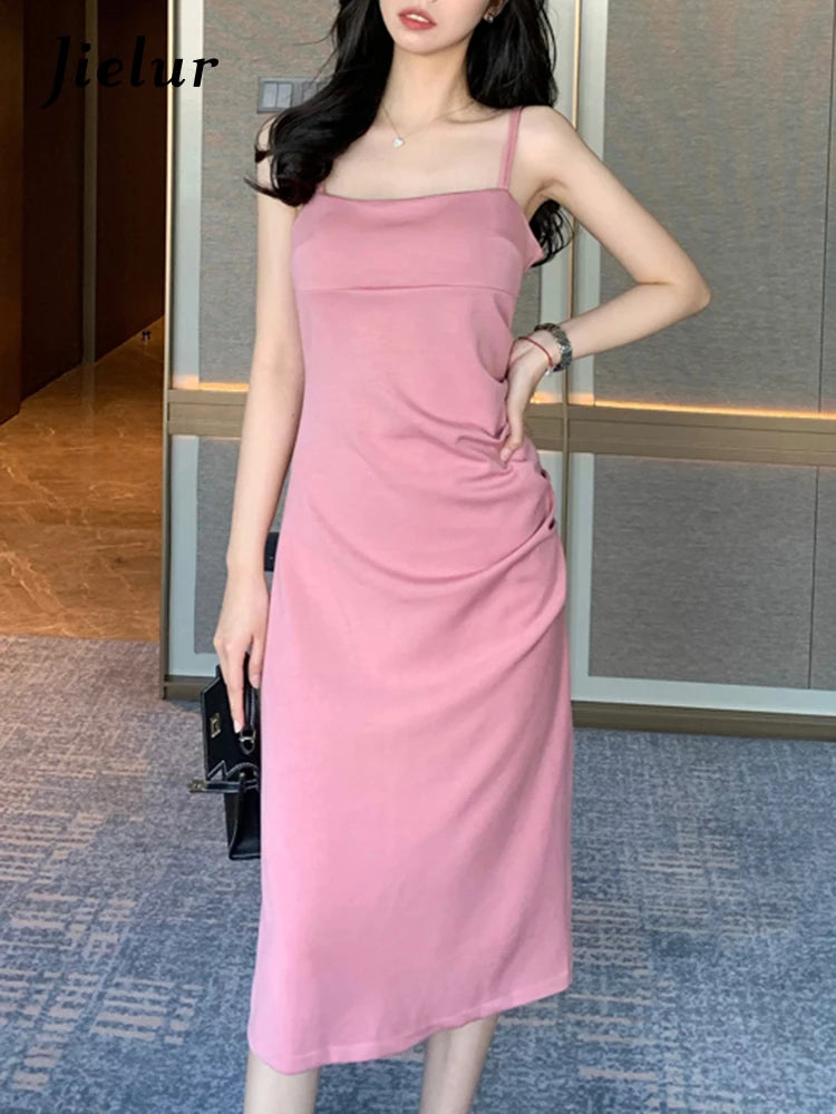 Pink Strapless A-line Women's Dresses High Street Slim Waist Pure Color Tight Hip Sexy Female Dress Elegant Party Dress