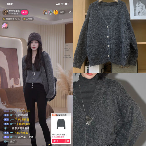 Load image into Gallery viewer, Women Gray Single Breasted Knitted Cardigan Loose Sweater 2024 Autumn Winter Holiday V Neck Long Sleeve Tops Casual Popular Chic
