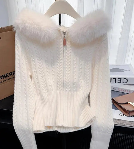 Retro Fashion Women Solid Long Sleeve Knitted Twists Sweater 2024 New Autumn Winter Ladies Hooded Hairy Neck Zipper Cardigan Top