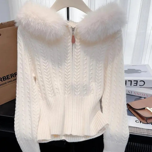 Load image into Gallery viewer, Retro Fashion Women Solid Long Sleeve Knitted Twists Sweater 2024 New Autumn Winter Ladies Hooded Hairy Neck Zipper Cardigan Top
