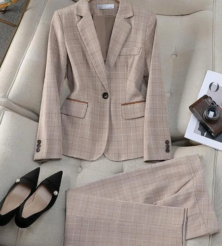 Spring Autumn New Retro Plaid Elegant Blazer Coat And High Waist Wide Leg Pant Two Piece Set Women's Suit Business Clothing